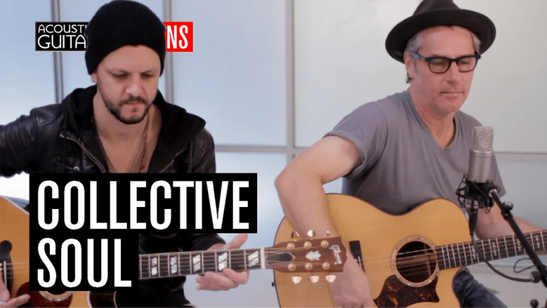 Collective Soul members Ed Roland and Jesse Triplett perform in the Acoustic Guitar studio